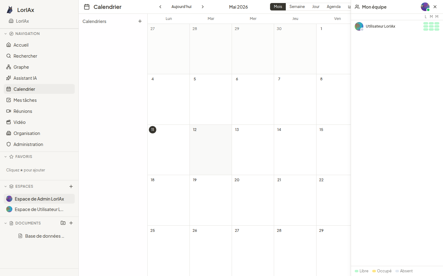 Calendrier mensuel avec vue Mois / Semaine / Jour / Agenda