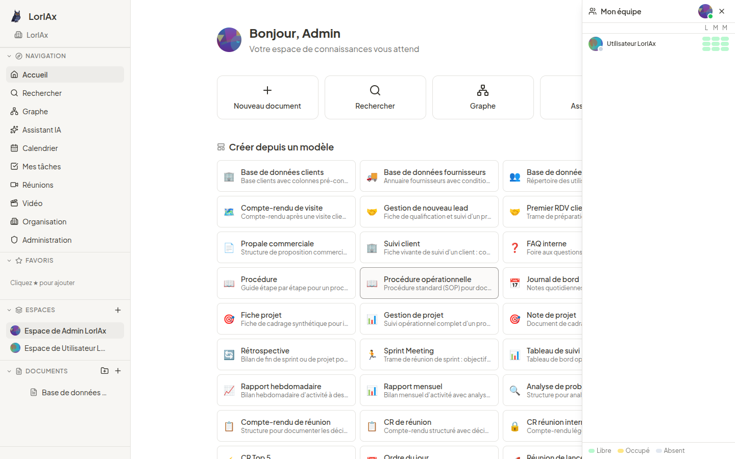 Tableau de bord LorIAx — accueil avec bibliothèque de templates